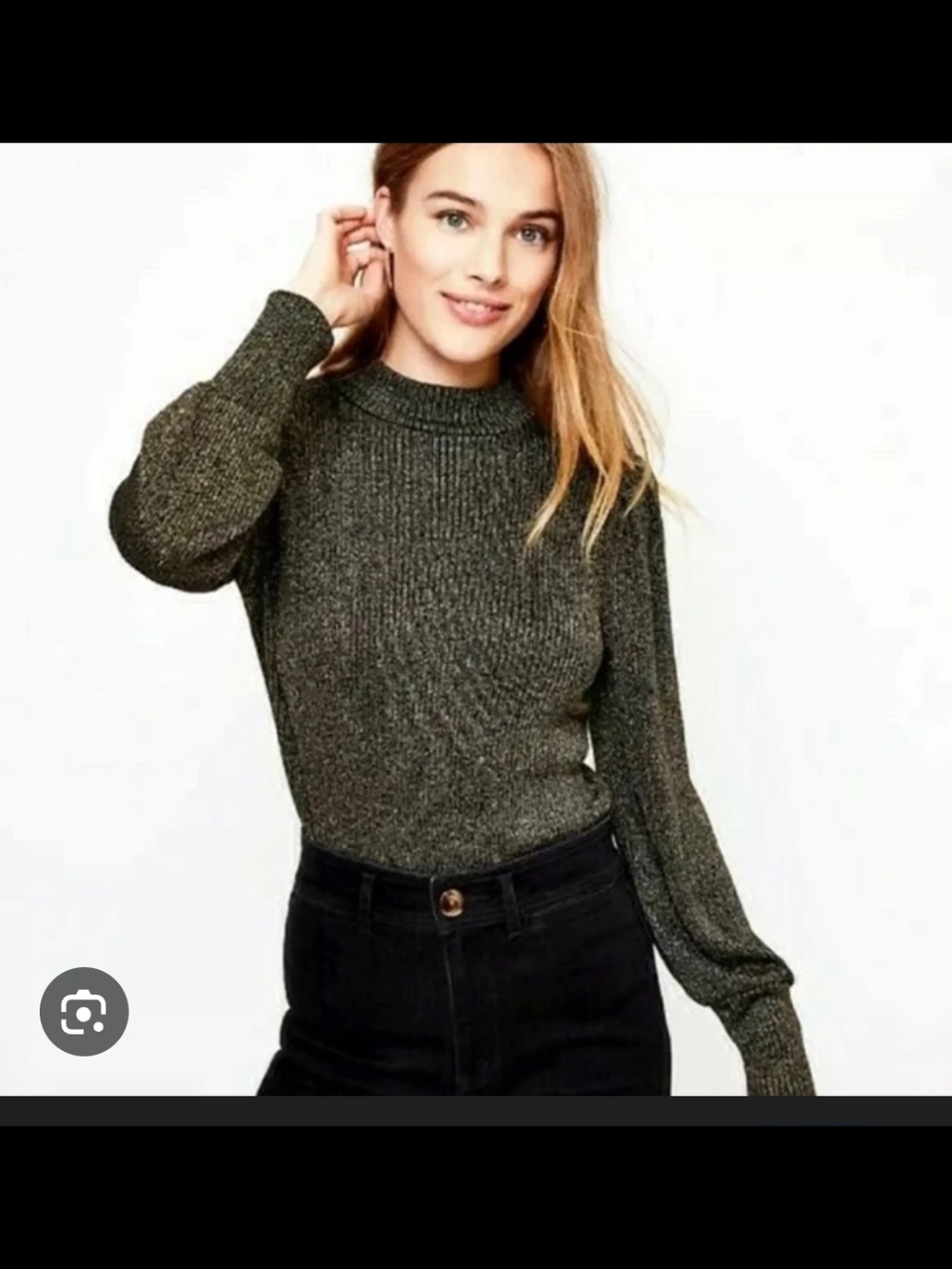 LOFT Black And Metallic Gold Ribbed Crewneck Sweater